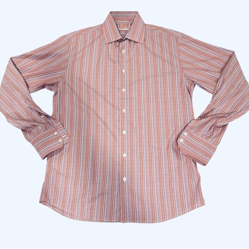 Thomas Pink Mens Shirt Cotton Multicolor Striped Button Up Made in Romania 15.5 - Picture 3 of 7